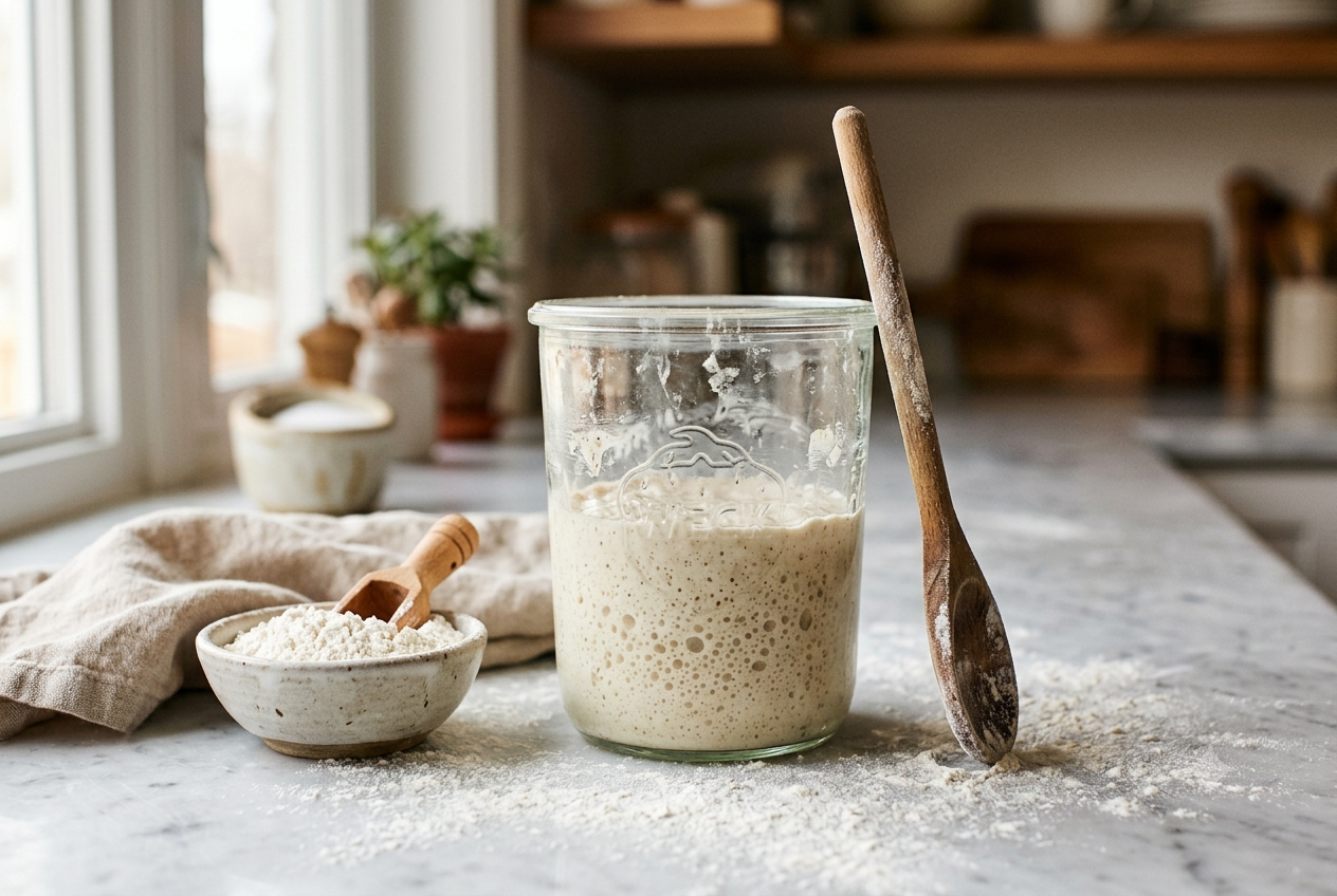 Glas mit blubberndem Sauerteig-Starter auf Marmor