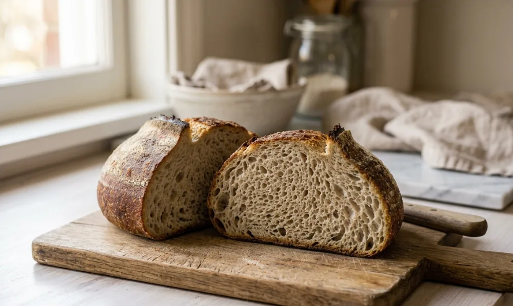 Aufgeschnittenes Sauerteigbrot mit lockerer, offener Krume