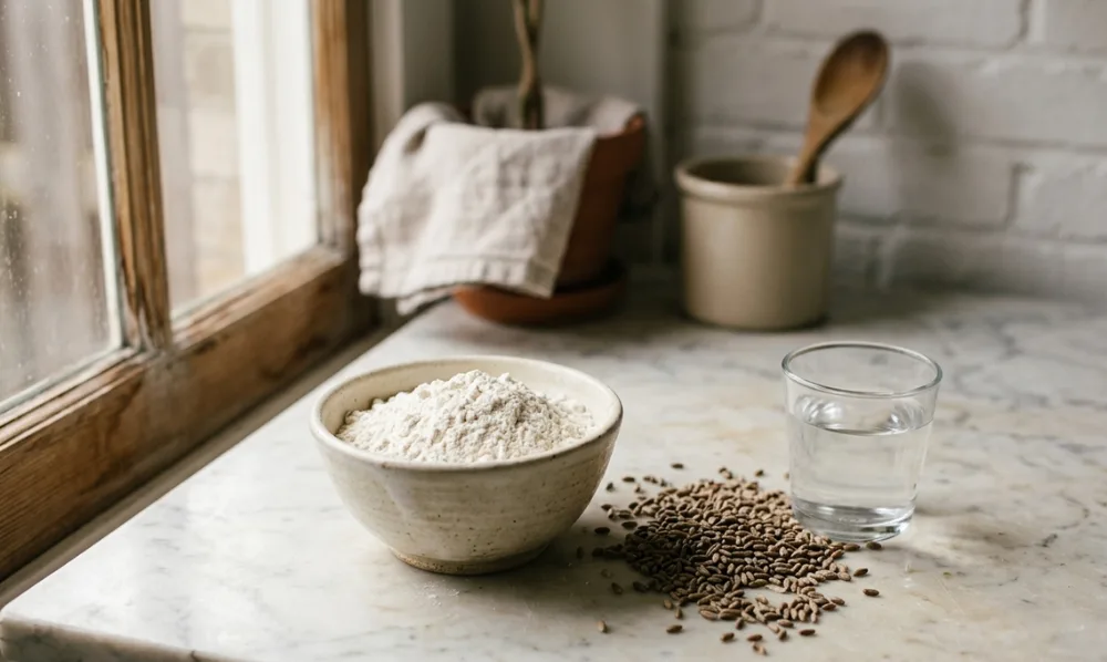 Mehl, Roggenkörner und Wasser als Zutaten für Sauerteig
