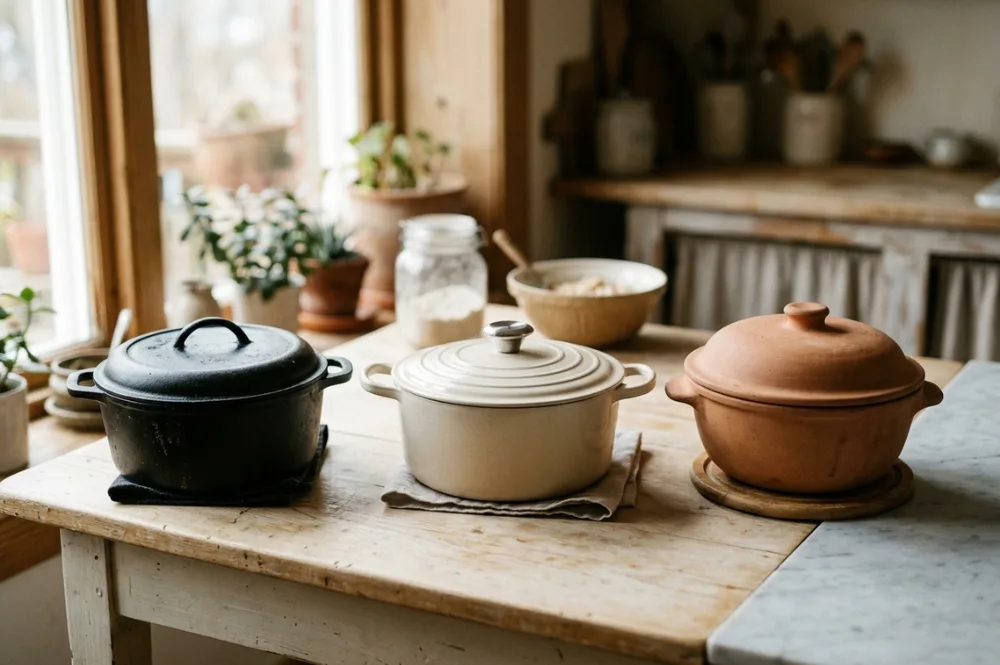 Welcher Topf zum Brot backen – Gusseisentopf, emaillierter Topf und Römertopf nebeneinander