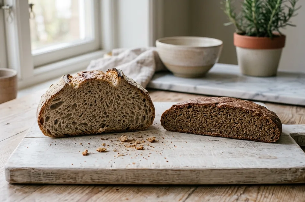 Altes Brot verwerten: zwei Brothälften nebeneinander, links eine lockere helle Krume, rechts eine dichte dunkle Krume