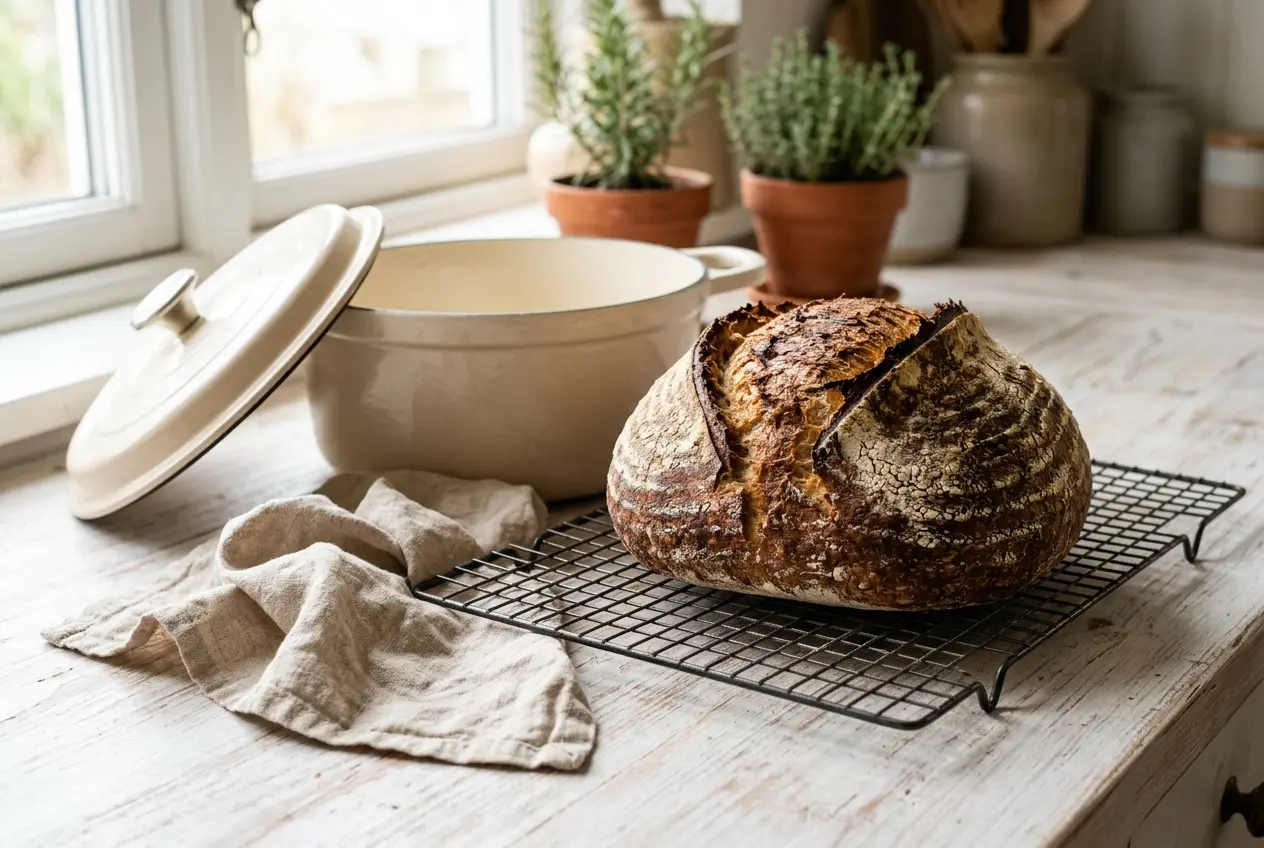 Fertig gebackenes Brot mit kräftigem Ausbund neben dem cremefarbenen Emailletopf zum Brot im Topf backen