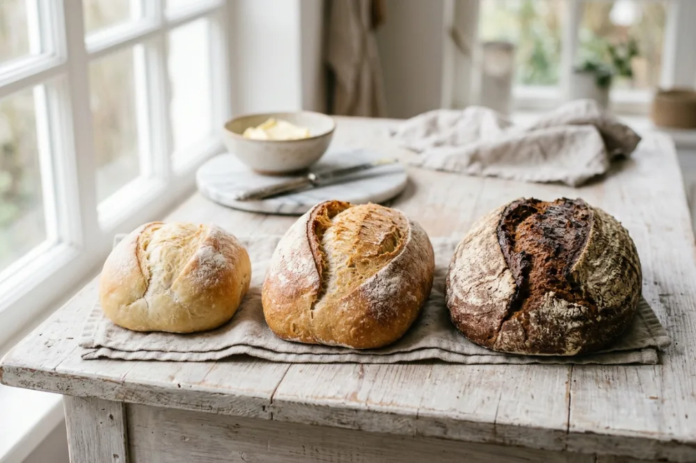 Brot-Kerntemperatur je nach Brotsorte, von hellem Weizenbrot bis dunklem Roggenbrot