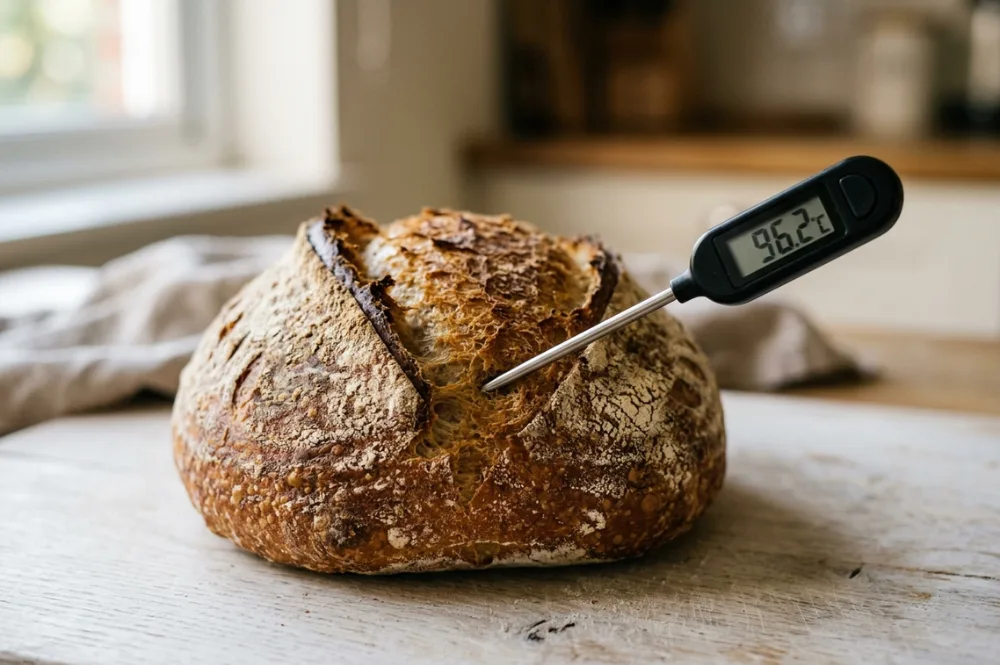 Brot-Kerntemperatur mit dem Einstichthermometer in der Mitte des Brots messen