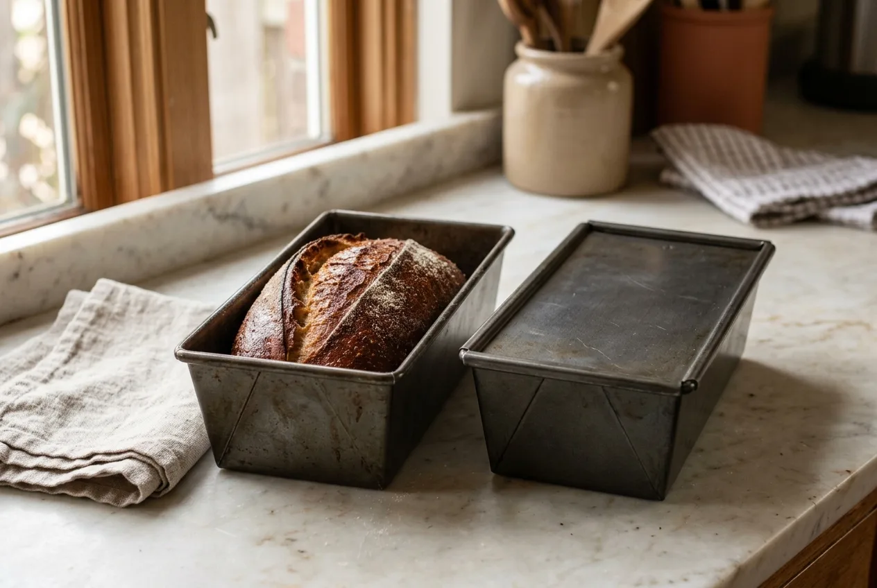 Zwei Kastenformen nebeneinander, links ein geschwadetes Brot mit glänzender Kruste, rechts eine Form mit aufgelegtem Deckel