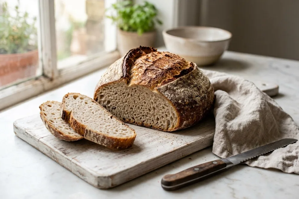 Angeschnittenes selbstgebackenes Brot, gebacken aus nur vier Brot-Zutaten