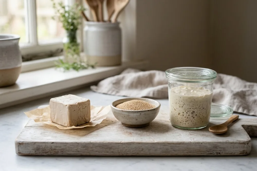 Frischhefe, Trockenhefe und Sauerteig nebeneinander, die drei Triebmittel fürs Brot