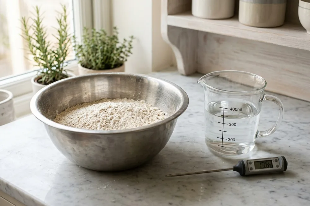 Mehl in der Rührschüssel neben einem Messbecher Wasser, die Brot-Zutaten vor dem Mischen