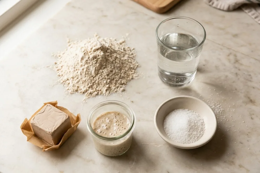 Mehl, Wasser, Salz und Hefe nebeneinander, die vier Brot-Zutaten auf einen Blick