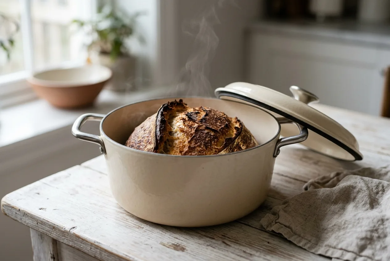 Frisch gebackenes Brot mit kräftiger Kruste in einem cremefarbenen Emailletopf