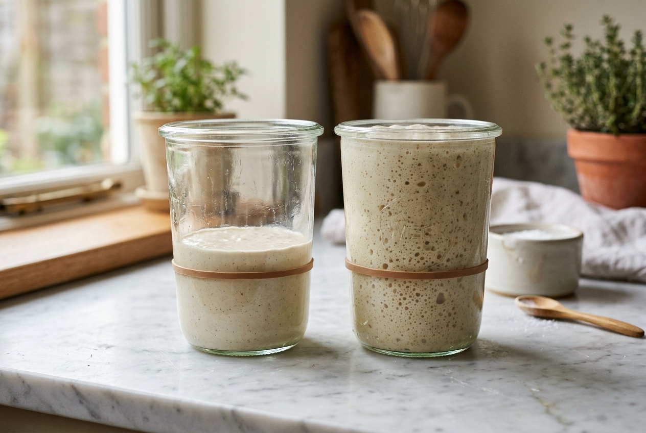 Glutenfreier Sauerteig am ersten Tag und nach fünf Tagen im Vergleich