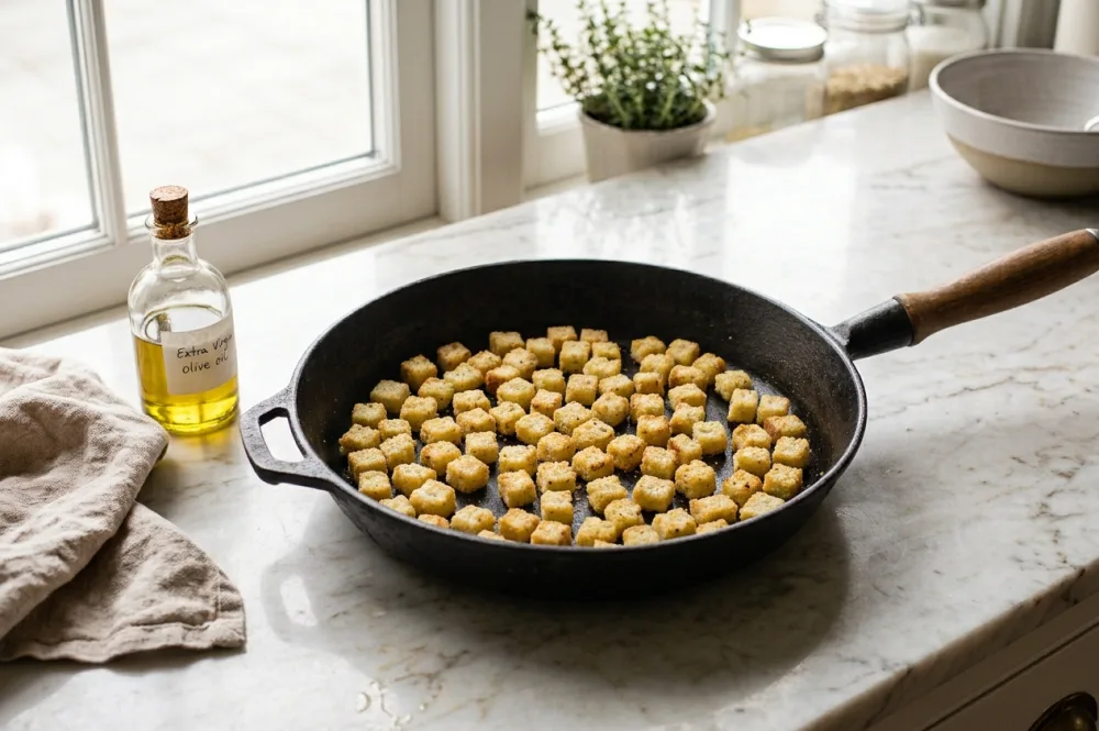 Misslungenes Brot verwerten: goldbraun geröstete Croutons in einer Pfanne mit Olivenöl