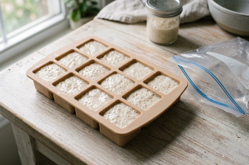 Sauerteig einfrieren in der Eiswürfelform, kleine Portionen Anstellgut