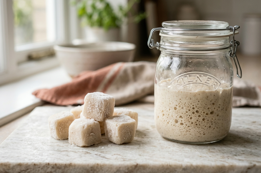 Sauerteig einfrieren: gefrorene Portionen Anstellgut mit Reif neben einem Glas mit aktivem Starter