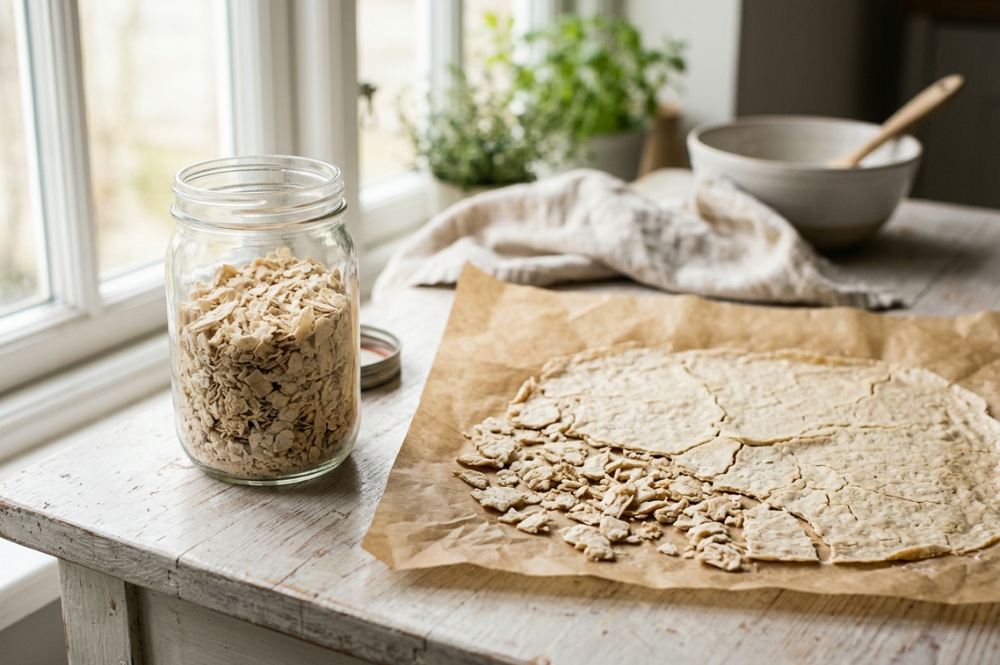 Getrocknetes Anstellgut in Krümeln im Glas, hält länger als eingefrorener Sauerteig