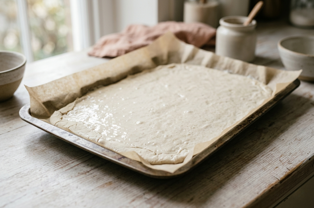Sauerteig dünn auf Backpapier gestrichen zum Trocknen, die Alternative zum Einfrieren