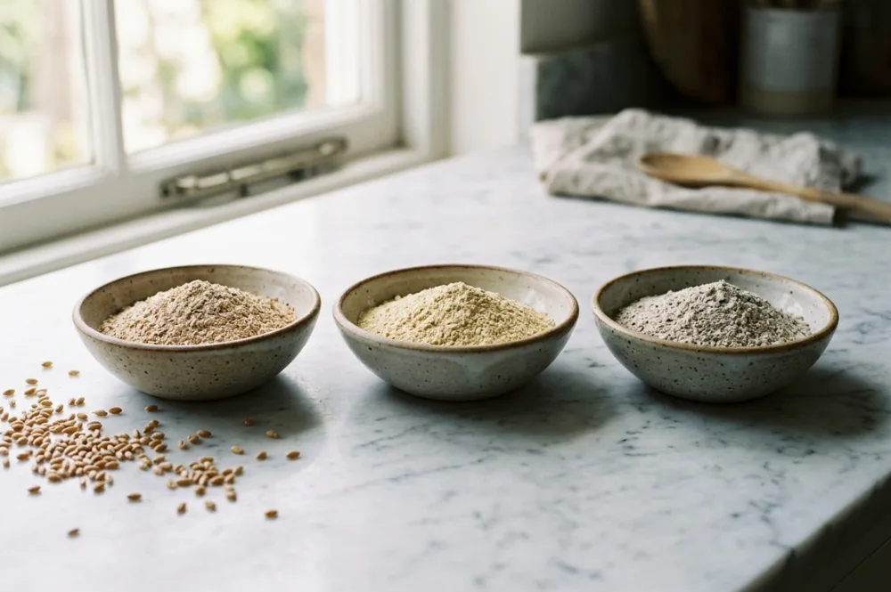 Drei Sorten Vollkornmehl zum Vollkorn backen: Weizen, Dinkel und Roggen