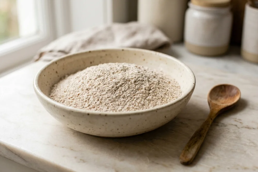 Kleie im Vollkornmehl, die beim Vollkorn backen das Glutennetz durchtrennt