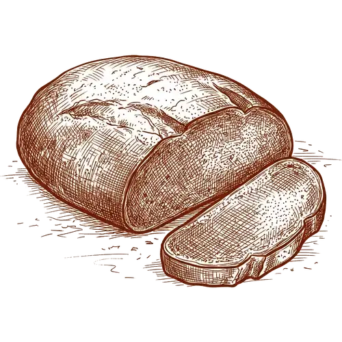 Zeichnung eines angeschnittenen Brotes mit einer daneben liegenden Scheibe, die Krume ist gut zu erkennen