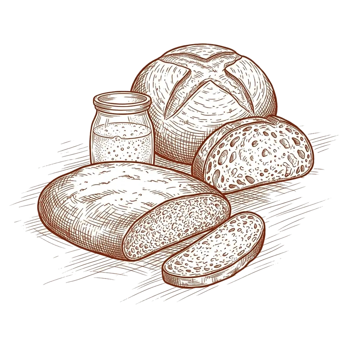 Zeichnung von zwei Sauerteigbroten und einem Glas Anstellgut: vorne ein flacher Laib mit dichter Krume, dahinter ein hoch aufgegangenes rundes Brot mit offener Krume