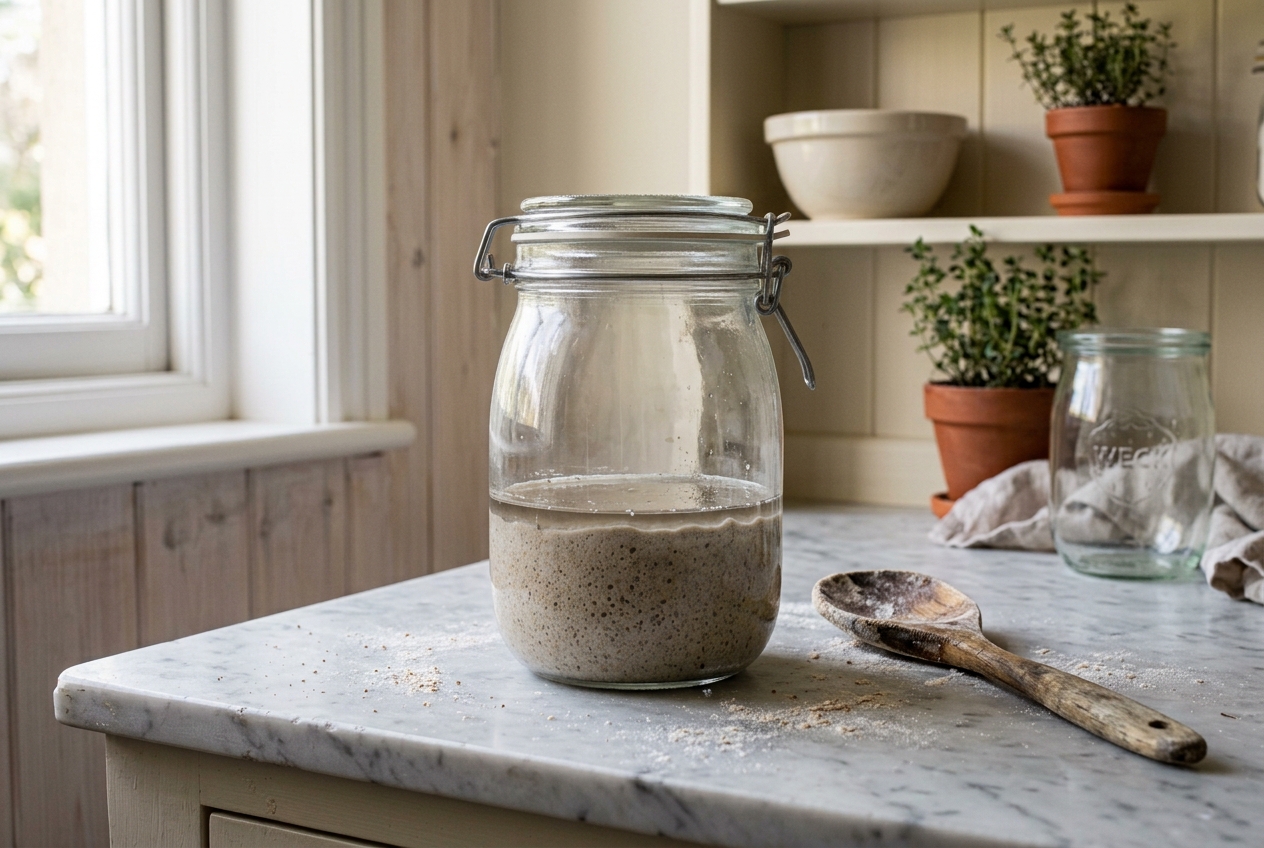 Bügelglas mit abgesunkenem Sauerteig-Starter und einer Flüssigkeitsschicht obenauf