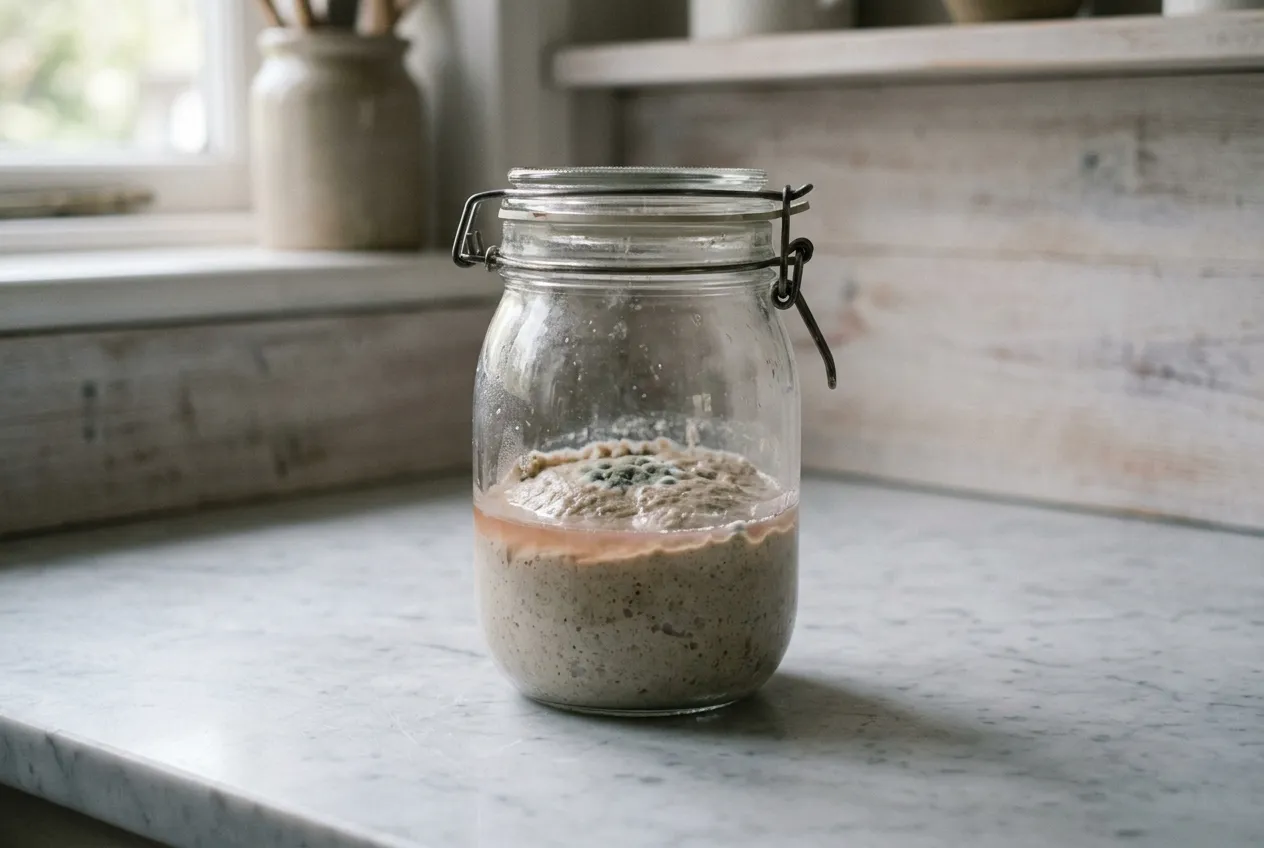 Verdorbener Sauerteig mit Schimmelfleck auf der Oberfläche und rosa verfärbter Flüssigkeit