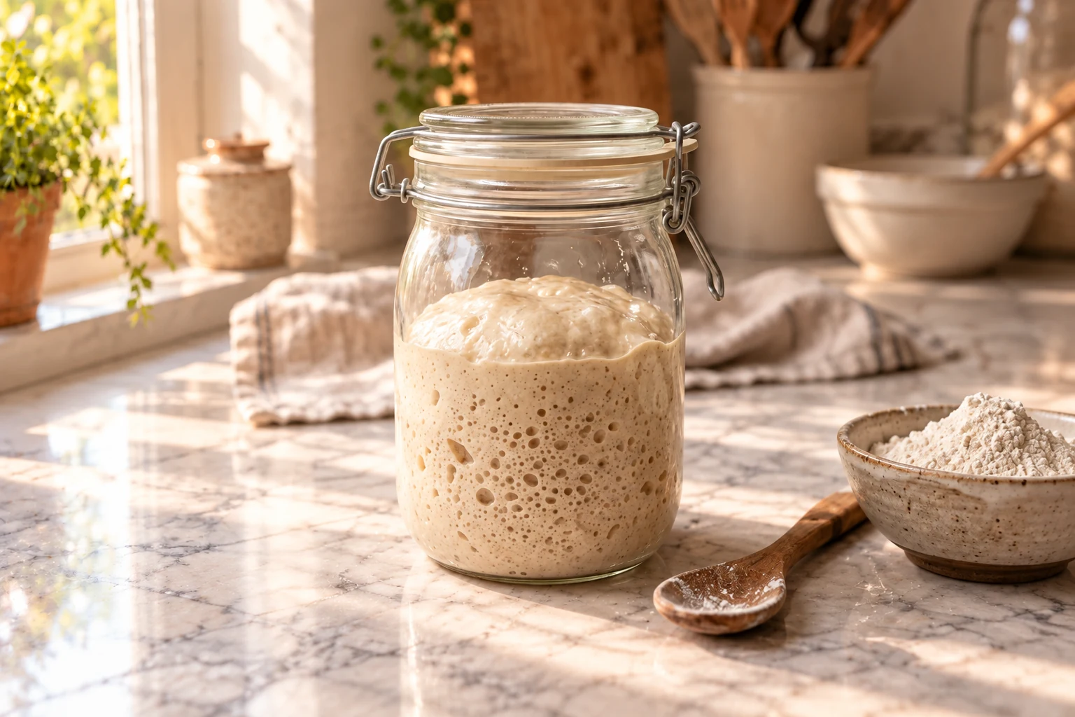 Aufgegangener Sauerteig-Vorteig mit sichtbaren Blasen in einem Glas