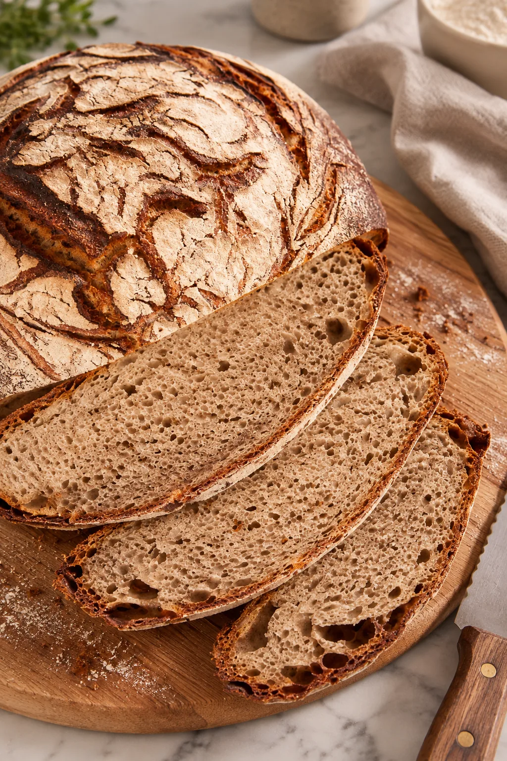 Sauerteigbrot für Anfänger, angeschnitten mit drei Scheiben auf einem Holzbrett, daneben ein Brotmesser