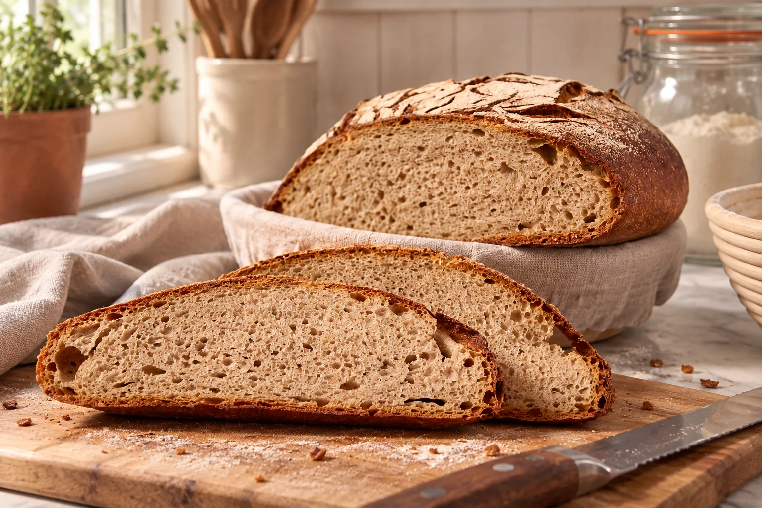 Sauerteigbrot backen für Anfänger: angeschnittener Laib mit zwei Scheiben auf dem Holzbrett, dahinter das Gärkörbchen