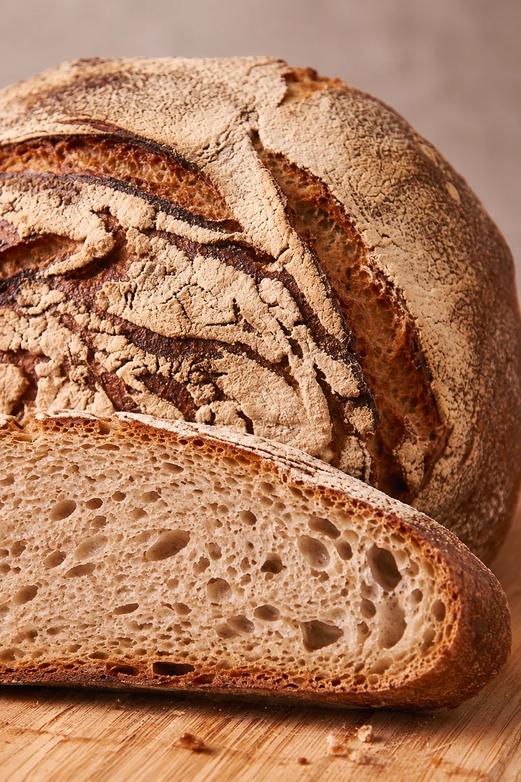 Angeschnittenes Sauerteigbrot in Nahaufnahme, lockere Krume mit feinen und groben Poren unter bemehlter, aufgerissener Kruste