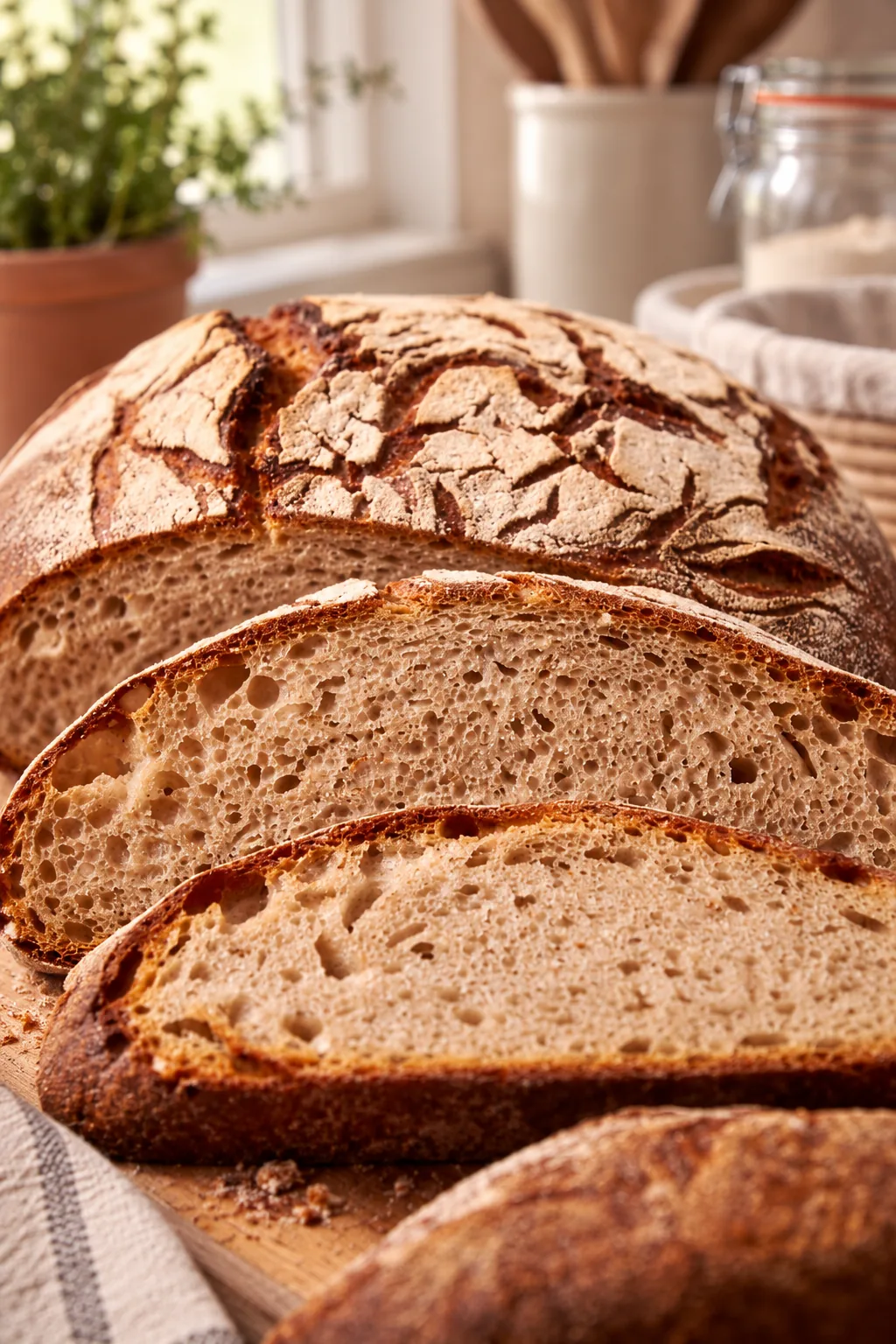 Angeschnittenes Roggen-Weizen-Sauerteigbrot mit zwei Scheiben auf dem Holzbrett am Küchenfenster