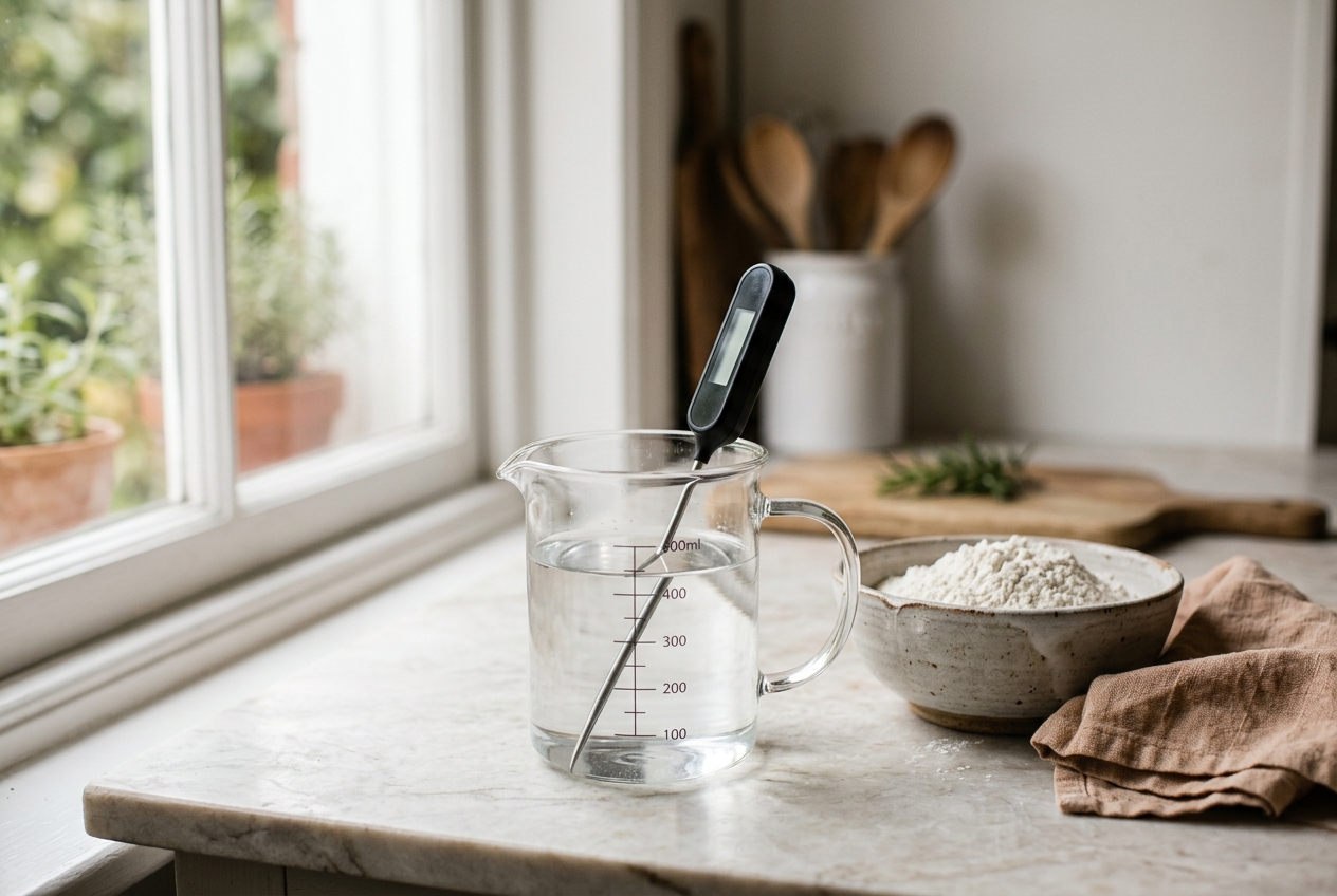 Wassertemperatur im Messbecher prüfen, bevor das Schüttwasser in den Teig kommt