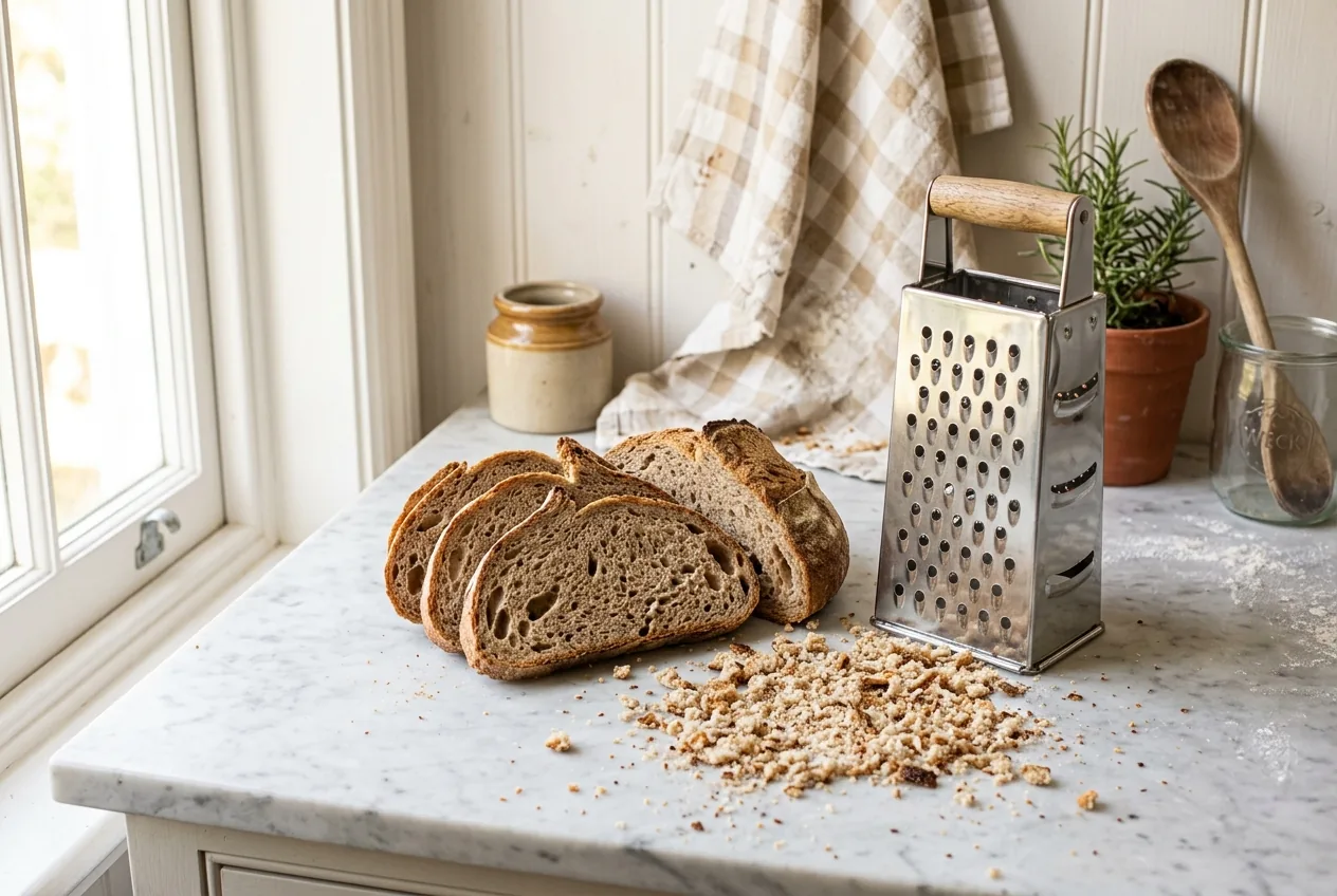 Altbackene Scheiben Roggenbrot und eine Reibe, darunter ein Häufchen selbstgeriebener Semmelbrösel
