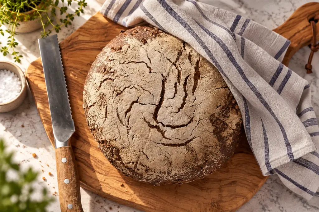 Runder Roggen-Walnussbrotlaib von oben mit bemehlter, rissiger Kruste auf einem Holzbrett neben Brotmesser und Geschirrtuch