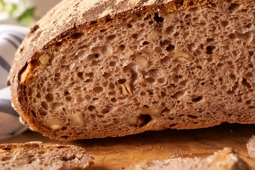 Nahaufnahme der Schnittfläche eines Roggen-Walnussbrots mit feinen Poren und Walnussstücken in der Krume
