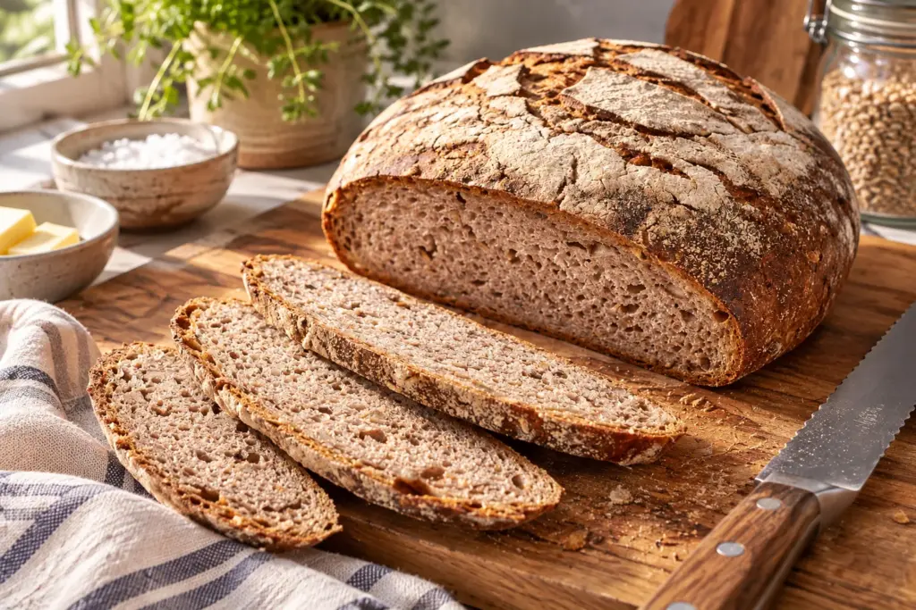 Angeschnittener runder Roggenbrotlaib mit Scheiben auf einem Holzbrett, im Hintergrund Butter, Salz und ein Glas mit Körnern