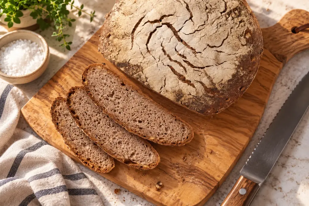 Angeschnittenes Roggen-Walnussbrot mit drei Scheiben auf einem Holzbrett, daneben ein Brotmesser