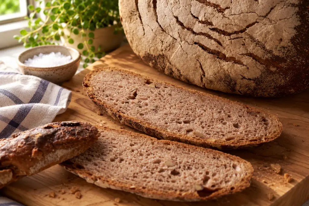 Zwei Scheiben Roggen-Walnussbrot auf einem Holzbrett vor dem Laib mit rissiger Kruste