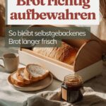 Brot in einem Brotkasten aus Holz, davor Brotscheiben auf einem Teller und ein Glas Marmelade