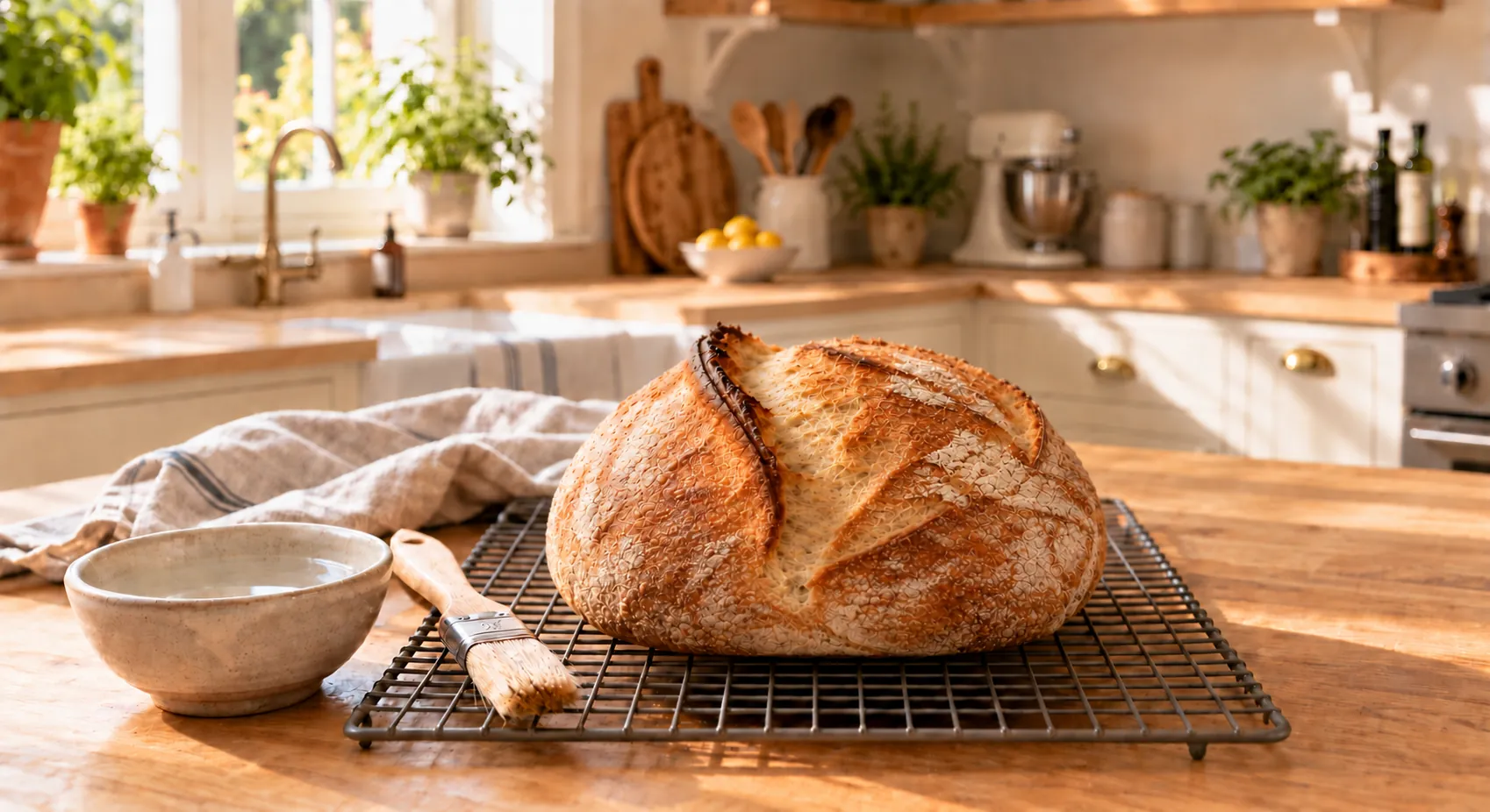 Aufgetautes Brot nach dem Aufbacken im Backofen, ein goldbrauner Laib auf dem Kuchengitter neben einer Schale Wasser und einem Backpinsel