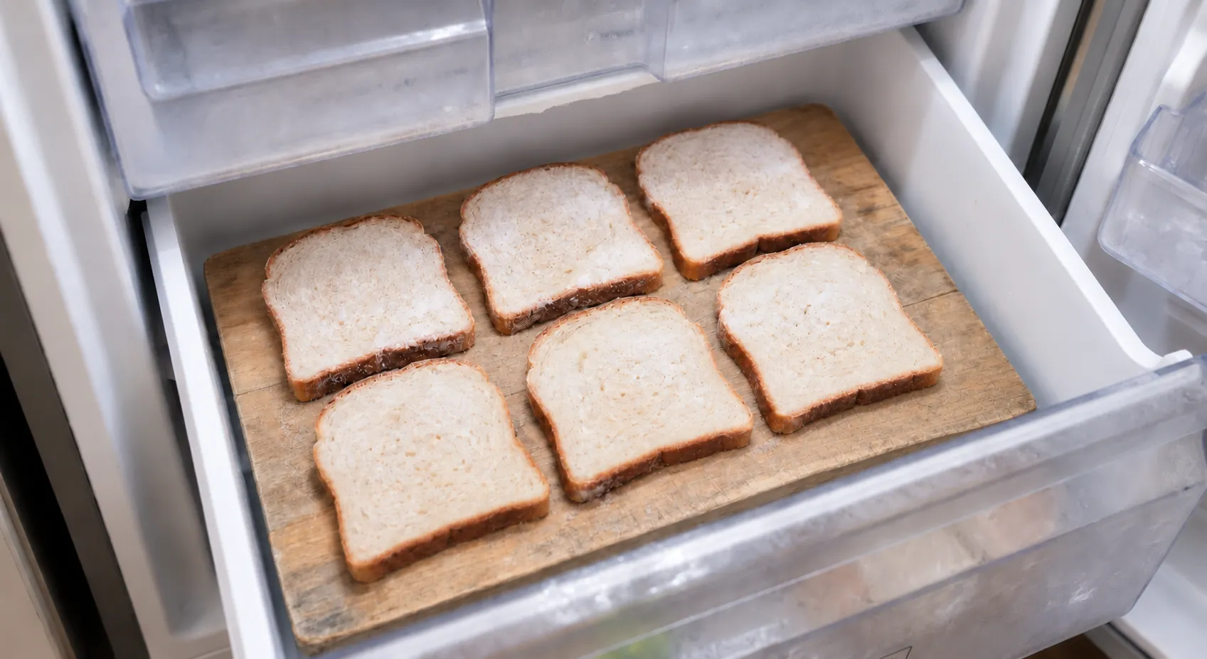 Brot in Scheiben einfrieren, sechs Brotscheiben liegen mit Abstand auf einem Holzbrett in der Gefrierschublade