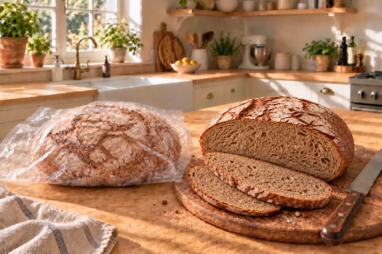 Brot einfrieren, ein ganzer Laib im durchsichtigen Gefrierbeutel neben einem angeschnittenen Brot mit zwei Scheiben auf dem Holzbrett